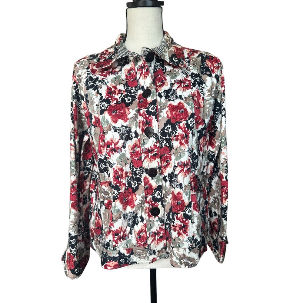 Keren Hart Floral Jacket Long Sleeve Button Front Collar Women's Large Cotton